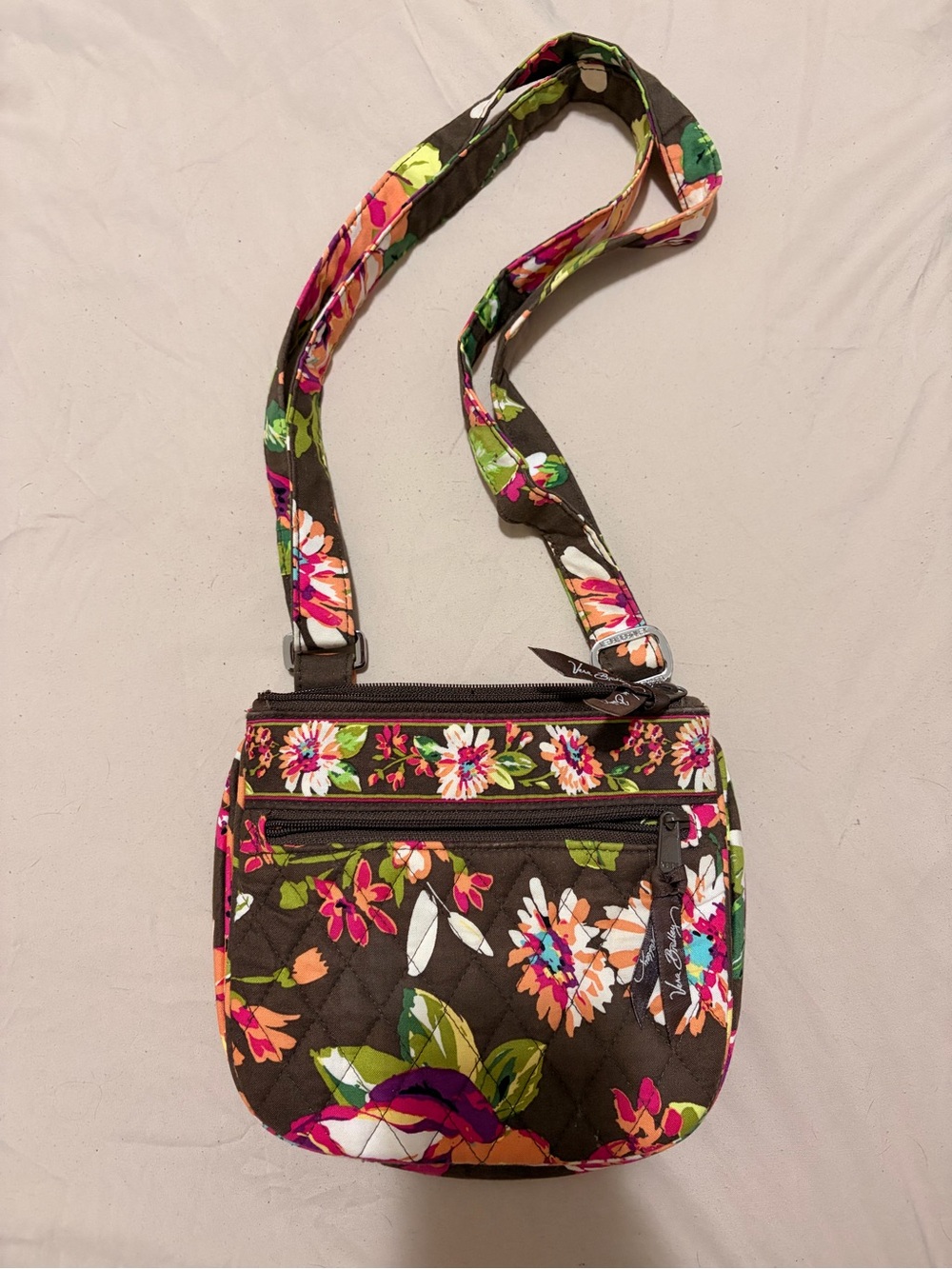 Vera Bradley English Rose Floral Crossbody Bag Brown Pink Retired Pattern